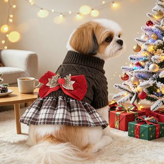 PETCIRCLE 애완동물 서클 2026 가을 겨울 신상품 애완동물 옷 현물 도매 크리스마스 체크 엘크 스커트