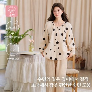 여성 순면 이중 거즈 잠옷 세트 빅 도트 라운드넥 긴팔 긴바지 사계절 홈웨