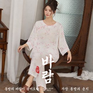 신중식 대나무 잠옷 여성용 봄여름 얇은 매화 인장 9부 소매 커버 헤드 외장