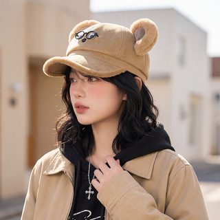 여성 곰돌이 캐릭터 겨울 방한 보온 넓은 챙 조절식 프리사이즈 볼캡