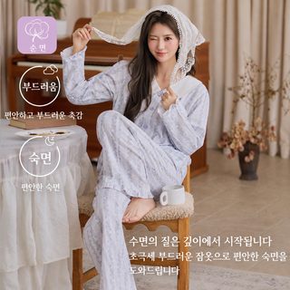 A류 순면 거즈 잠옷 여자 사계절 긴 소매 긴 바지 세트 면 부드럽고 편안한
