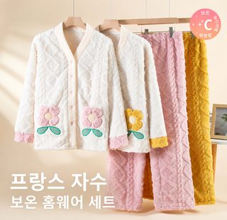 플란넬 두꺼운 재택 잠옷녀 2025 신상 가을겨울 기모 플란넬 잠옷 세트 외장