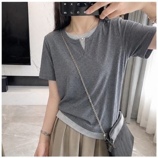200근 큰 사이즈 여성복 뚱뚱 MM 여름 신상 가짜 두 벌 날씬해 보이는 반팔 티