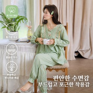 잠옷 여자 봄 가을 공주풍 긴 소매 긴 바지 달콤한 레이스 학생 헐렁헐렁 통