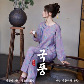 전면 색직 자카드 국풍 긴팔 긴바지 잠옷 여자 사계절 얇은 라운드 칼라 커