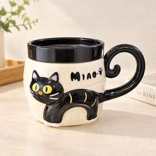 뚜껑 포함 입체 고양이 도자기 머그컵 360ml
