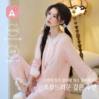 봄 가을 순면 거즈 잠옷녀 달콤하고 귀여운 레이스 레이스 얇은 긴 소매 외