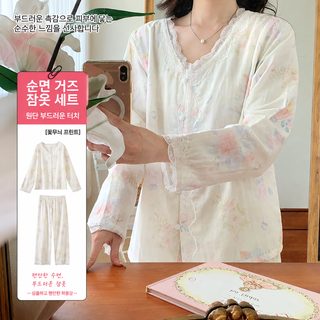 달콤한 레이스 레이스 잠옷 여자 봄 가을 순면 거즈 귀엽고 고급스러운 느