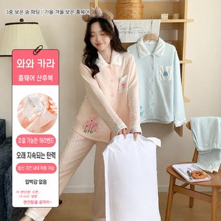 여성 임산부 에어코튼 기모 잠옷 세트 봄가을겨울 산전산후 보온 자수 외출