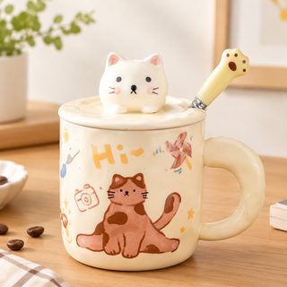귀여운 고양이 도자기 머그컵 여학생 높은 용모치 뚜껑 숟가락 물 컵 가정