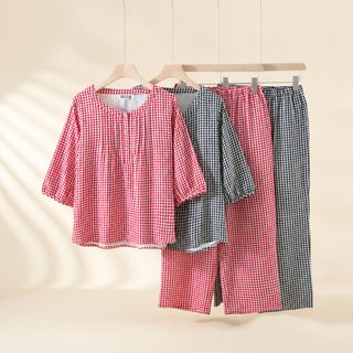 슬림한 체크 전면 잠옷 여성 봄 가을 면사 긴팔 긴바지 커버 첫 홈웨어 세트
