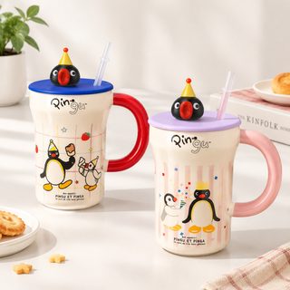 귀여운 펭귄 도자기 뚜껑 머그컵 540ml 생일 선물