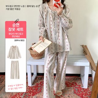 봄 가을 잠옷 여자 순면 단층 거즈 너무 예쁘다 바캉스풍 줄무늬 프린트 레