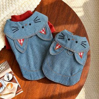 신상 도매 애완동물 고양이 강아지 옷 단추 데님 옷 트렌드 서양식 가을 겨울 털 방지 견인 가능