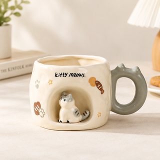 고양이 입체 도자기 머그컵 380ml 사무실 생일 선물