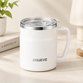304 스테인리스 이중 보온 머그컵 뚜껑 손잡이 사무실 커피잔 400ml 500ml