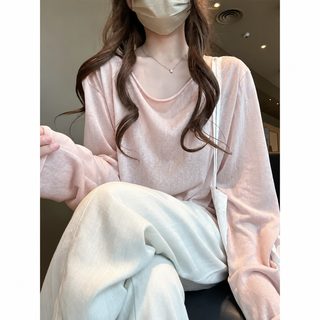 핑크 텐사 선케어 블라우스 여성 여름 얇은 겉차림 캐주얼 날씬해 보이는 나른한 긴팔 에어컨 셔츠 티셔츠 상의
