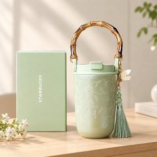 플라워 패턴 400ml 손잡이 이중 음용 보온 텀블러