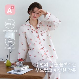 신상 딸기소녀 순면 더블 거즈 잠옷 여성 봄가을여름 전면 긴팔 터틀넥 홈