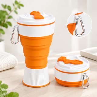 휴대용 실리콘 접이식 물컵 500ml 카라비너 등산 캠핑용