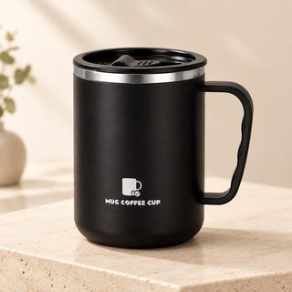 스테인리스 이중 보온 머그컵 뚜껑 손잡이 사무실 커피잔 500ml