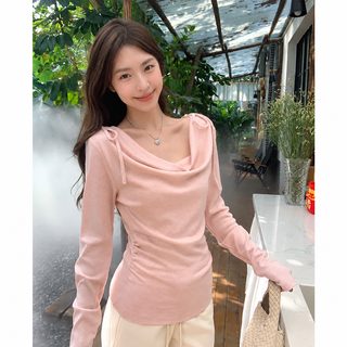 여성 리본 스트랩 오프숄더 긴팔 티셔츠 슬림핏 가을 하이웨이스트 상의