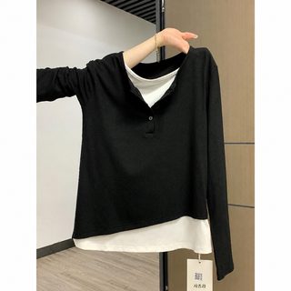 빅사이즈 여성 페이크 레이어드 긴팔 티셔츠 100kg 체형 슬림핏 가을겨울 이