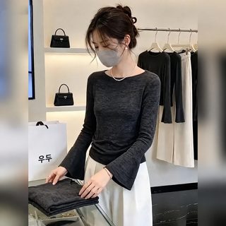 여성 오프숄더 긴팔 티셔츠 가을 슬림핏 플레어 나팔소매 그레이 블랙 상의