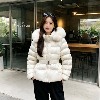 한국 chic 겨울 빈티지 기질 큰 털넥 탈부착 끈 허리 접고 보온 후드 면복 외