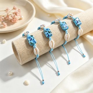 나비 프린트 조개 짜임 팔찌 연한 남색 조절 줄 뽑기 손끈 구미 휴가풍 모래