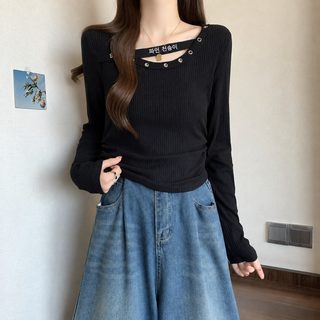 여성 레터링 스퀘어넥 긴팔 슬림핏 이너 티셔츠 가을 겨울 데일리 상의