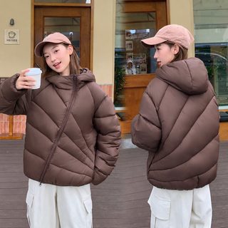 여성 후드 솜패딩 숏재킷 더블 지퍼 사선 지퍼 디테일 겨울 방풍 루즈핏 보