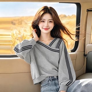 여성 배색 스트라이프 브이넥 긴팔 맨투맨 루즈핏 슬림핏 초가을 티셔츠