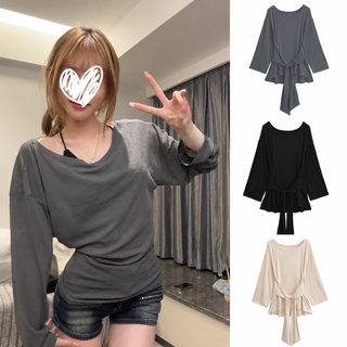 다색 패션 스트랩 블라우스 헐렁헐렁 긴팔 티셔츠 여자 소크라테스 얇은 디