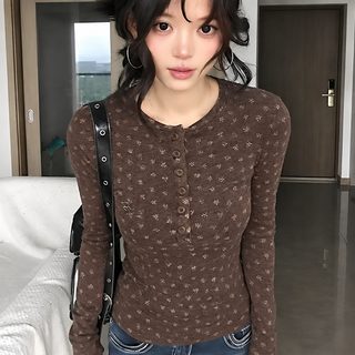 가을/겨울 신상 플라워 단추 긴팔 티셔츠 여자 2026 패션 보온 슬림핏 날씬해