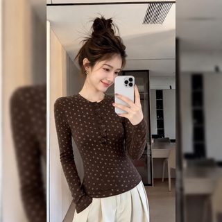 가을 겨울 신상 기품 백합 플라워 단추 긴팔 티셔츠 여자 슬림핏 날씬해 보