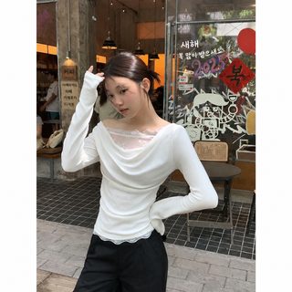 여성 레이스 프릴 드레이프넥 사선 오프숄더 레이어드 긴팔 티셔츠 가을 슬