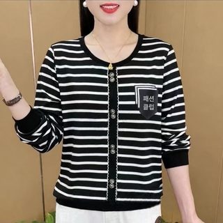 여성 스트라이프 긴팔 티셔츠 라운드넥 슬림핏 중년 여성 데일리 이너 상의