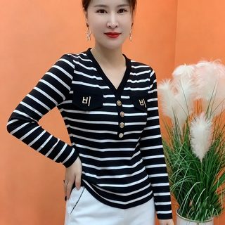 여성 블랙 스트라이프 V넥 긴팔 티셔츠 체형커버 빅사이즈 캐주얼 상의