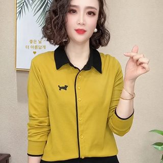 여성 봄가을 긴팔 폴로 티셔츠 배색 동물 자수 루즈핏 데일리 상의