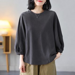 여성 7부 소매 라운드넥 티셔츠 루즈핏 빅사이즈 가을 심플 무지 상의
