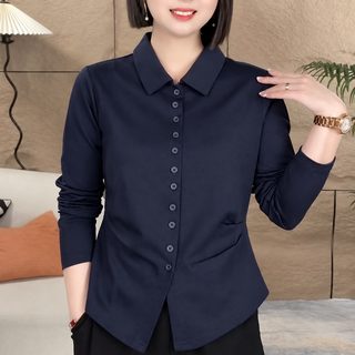 여성 봄가을 단색 카라 셔츠 슬림핏 허리라인 긴팔 출근용 통근 블라우스