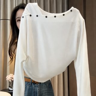여성 가을 언밸런스 사선넥 버튼 긴팔 티셔츠 루즈핏 슬림 연출 데일리 이