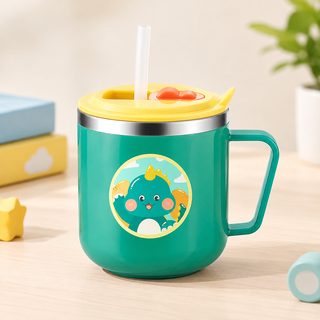 어린이 스텐 빨대컵 손잡이 뚜껑 이중구조 눈금 물컵 270ml
