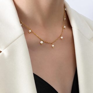 여성용 천연 담수진주 목걸이 티타늄 스틸 18K 골드 도금 빈티지 쇄골 체인 4