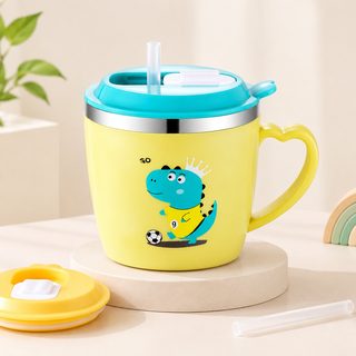 어린이 304 스테인리스 눈금 손잡이 빨대컵 우유컵 250ml