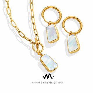 천연 화이트 자개 사각 롱 펜던트 목걸이·귀걸이 티타늄 스틸 주얼리