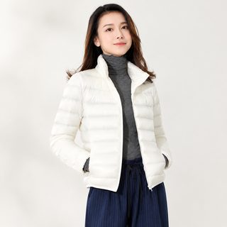 여성 경량 오리털 숏패딩 하이넥 후드 간절기 데일리 점퍼