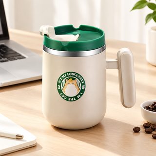 304 스테인리스 이중구조 뚜껑 손잡이 머그컵 사무실 커피잔 450ml