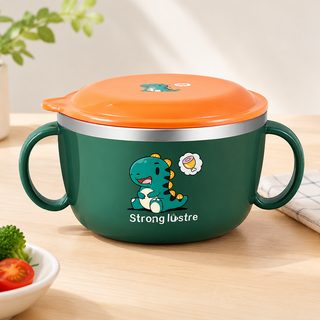 어린이 스텐 양손잡이 이유식 그릇 뚜껑 있는 이중 유아 식기 450ml